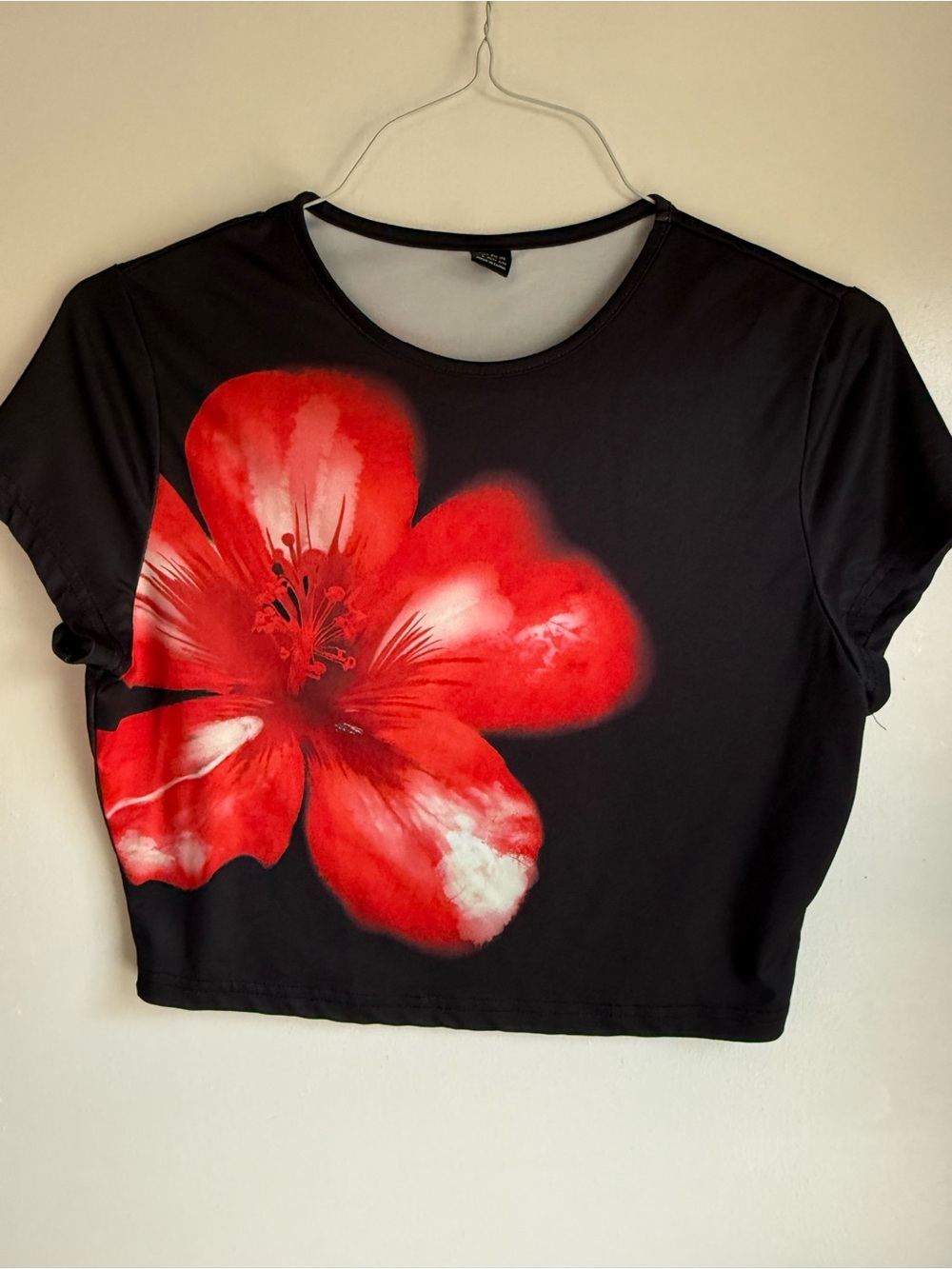 SHEIN Black Crop Top with Red Floral Design
